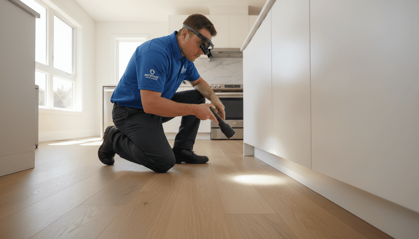 Pest control technician performing detailed inspection of home interior