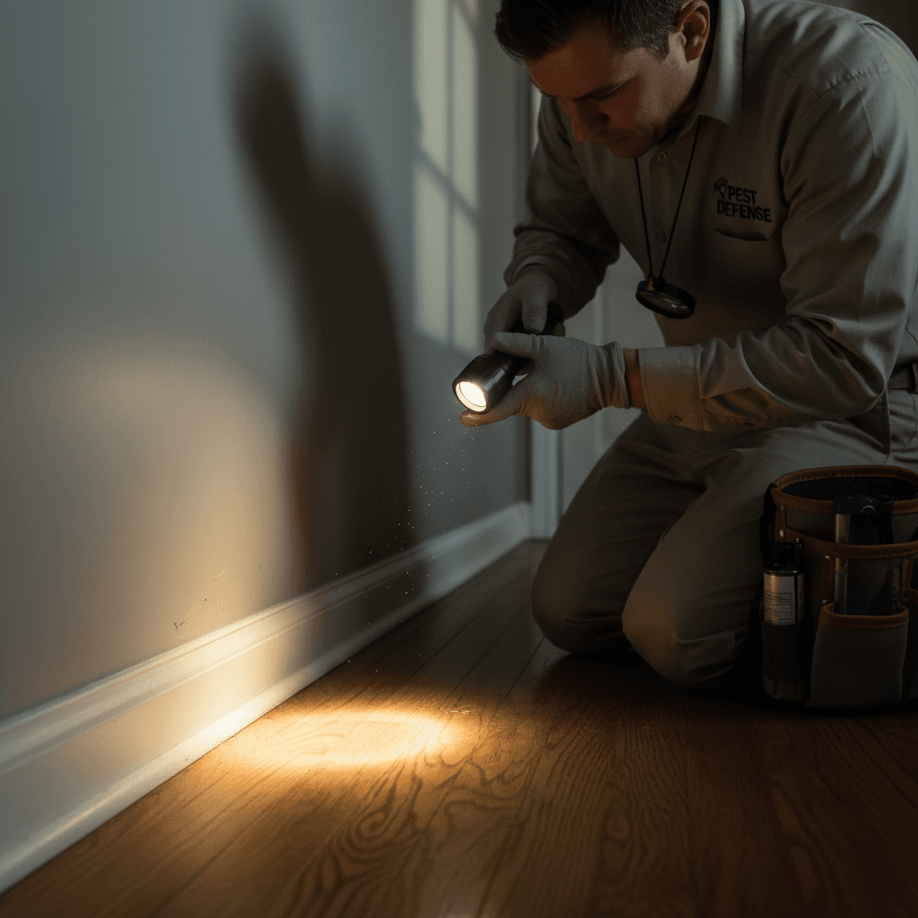 Pest control professional performing detailed home inspection