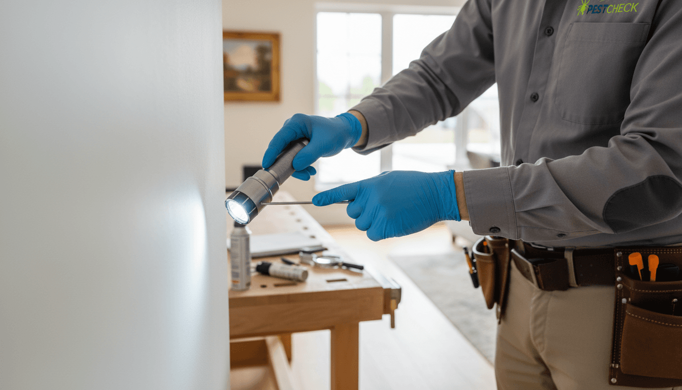 Pest control technician performing detailed property inspection