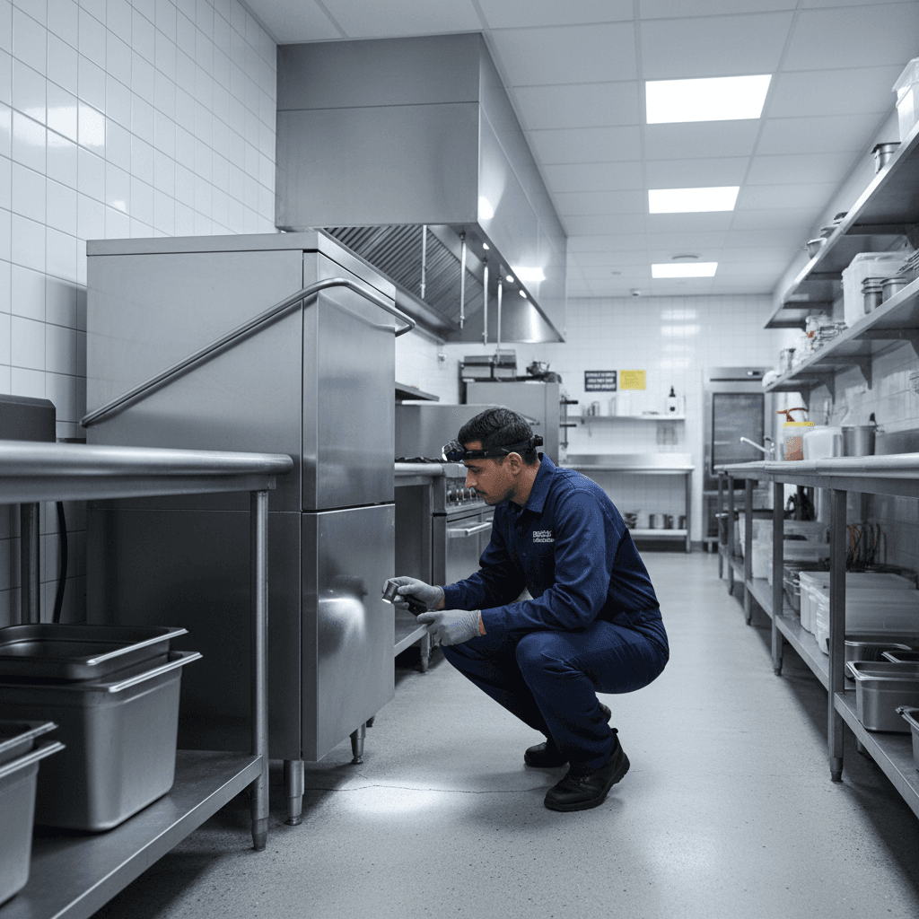 Commercial pest control inspection in business setting