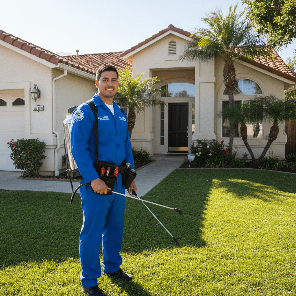 Professional pest control technician at residential property
