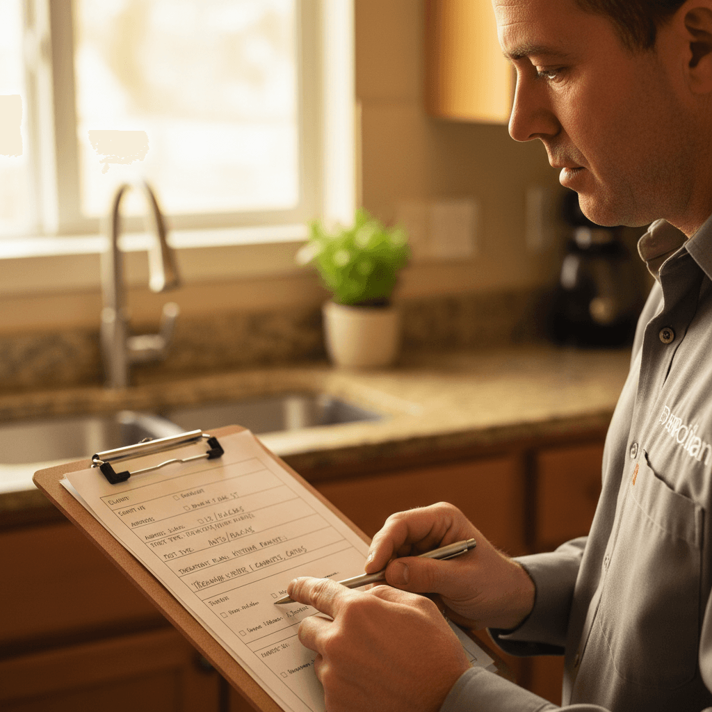 Pest control specialist reviewing customized treatment plan