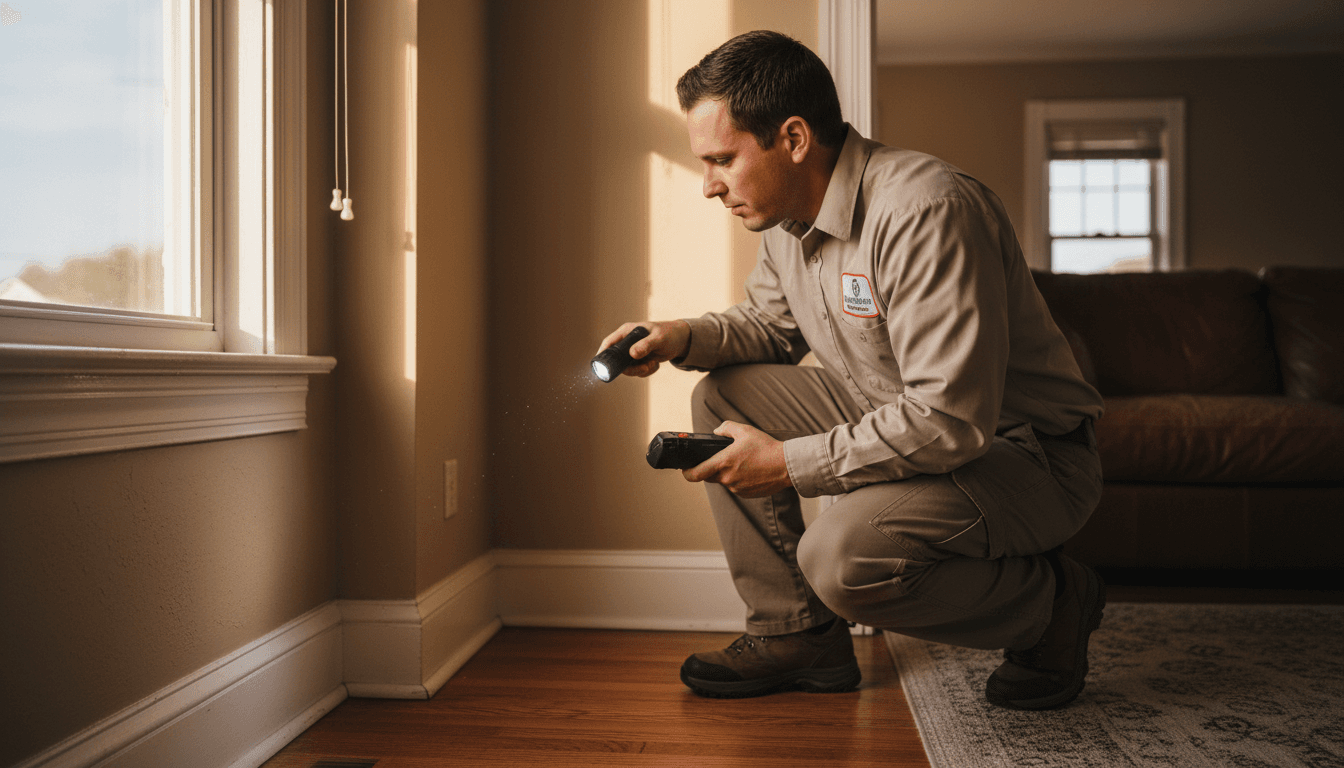 Pest control technician performing a detailed property inspection with natural lighting